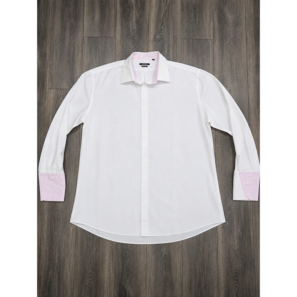 Indochino Mens Custom Dress Shirt White Pink Contrast Cuffs Long Sleeve 34" P2P